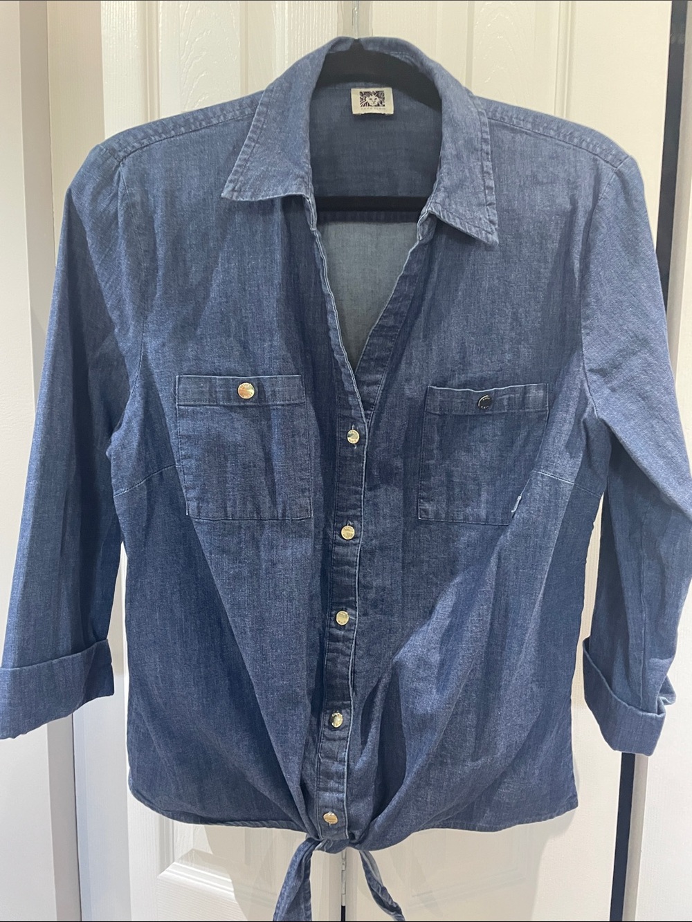 Anne Klein Stretch Denim Tie-Front Button-Down Shirt